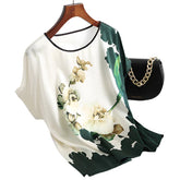 Fashion Floral Print Blouse Pullover Ladies Silk Satin Plus Size Batwing Sleeve Vintage T-shirt